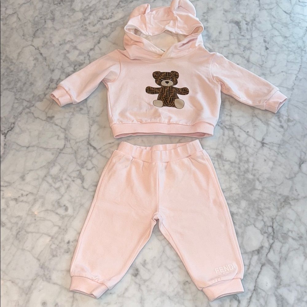 Fendi Baby Pink Bear Hoodie and Pants Set 6M